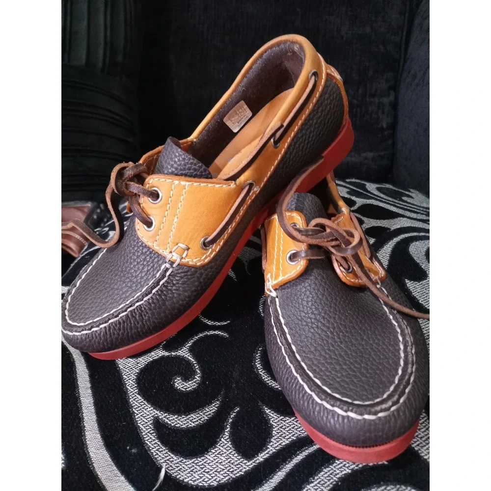 Dooney & Bourke Mens Leather Boat Shoes Brown Tan Red Sole Handsewn Portugal 8.5